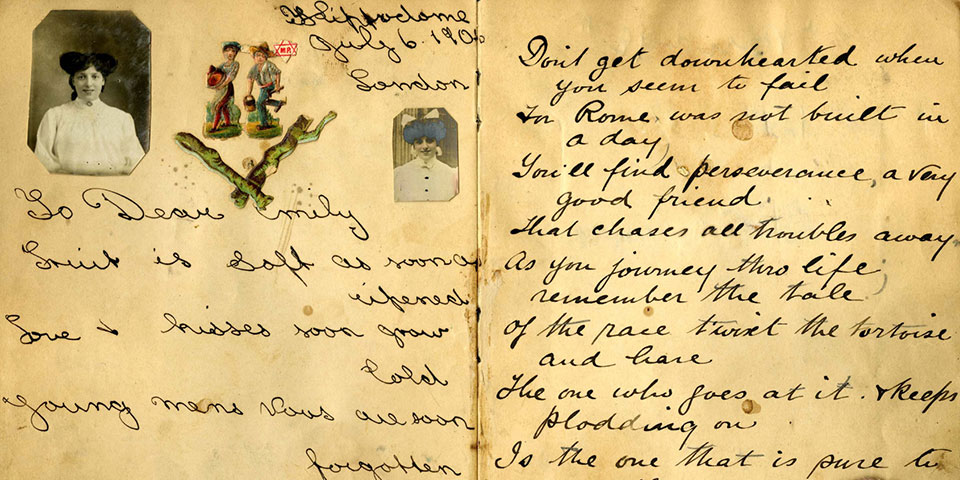 Scrapbook page spread with handwritten text and inclusions such as two small black and white photographs of a woman in a high-collared shirt and color illustrations.